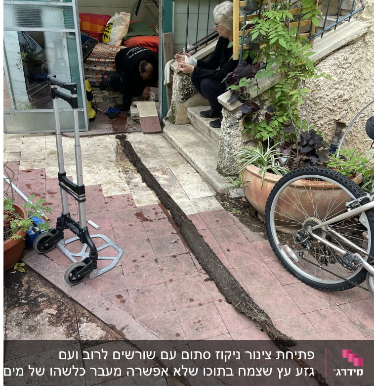 אינסטלטור עובד על צינור ביוב בחצר בית